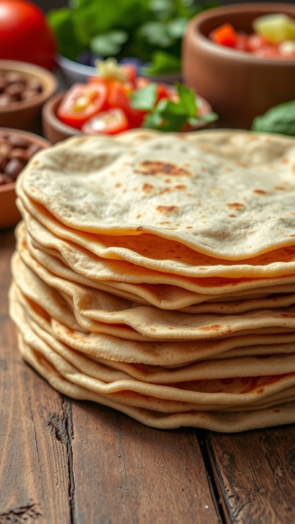 A stack of warm whole wheat tortillas on a wooden table with fresh ingredients for tacos.
